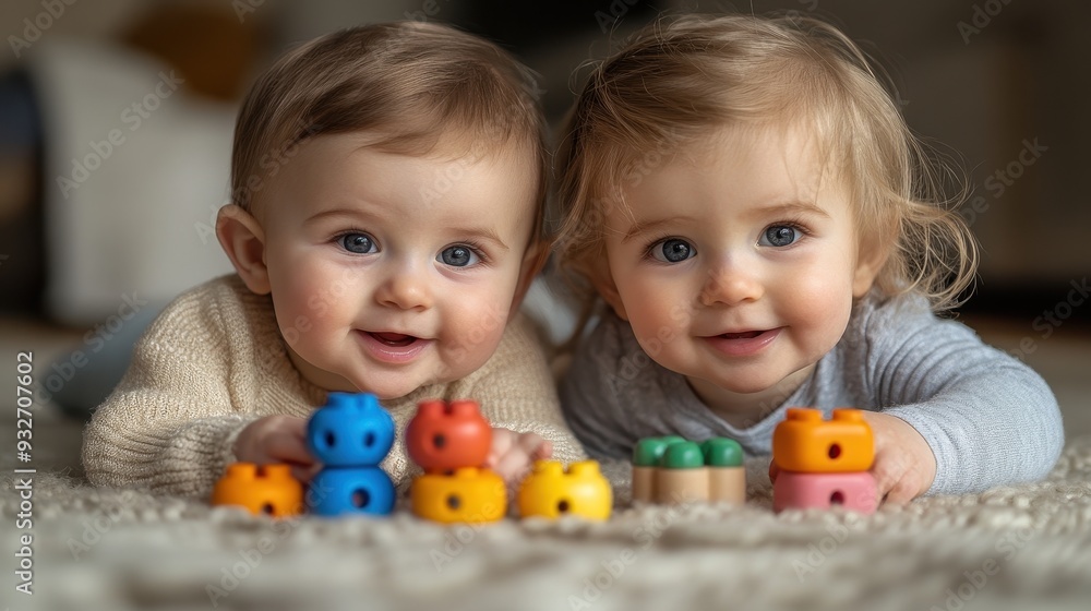 Cute Twin Babies Playing With Colorful Toys on a Fuzzy Rug Cute Twin Babies Playing With Colorful Toys on a Fuzzy Rug
