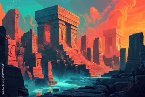 Ancient Ruins by a Mystic River at Dusk