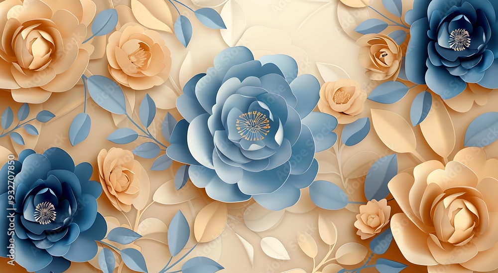 3D background with blue and beige paper flowers, a floral pattern wall mural style with decorative elements in light gray and sky blue colors, 3D background with blue and beige paper flowers, a floral pattern wall mural style with decorative elements in light gray and sky blue colors,
