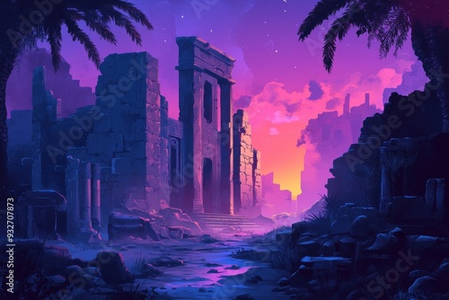 Ancient Ruins at Twilight with Palm Trees and a Stream