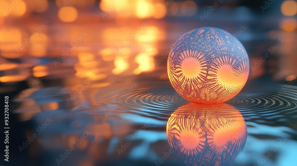 Obraz premium Image of a glowing orb casting spectral imprints with intricate patterns and radiant hues on a reflective surface.