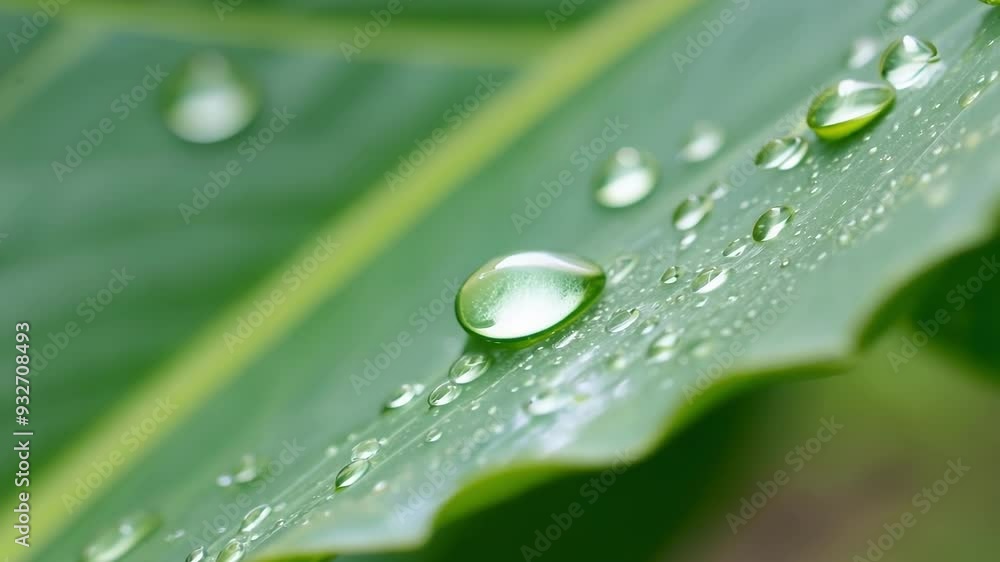 Water droplets clinging to a vibrant green leaf, capturing the essence of a refreshing rainfall in a lush forest setting Water droplets clinging to a vibrant green leaf, capturing the essence of a refreshing rainfall in a lush forest setting
