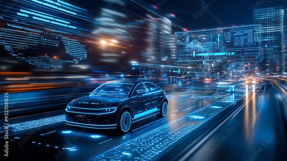 Fototapeta premium Autonomous electric car driving on a futuristic city street.