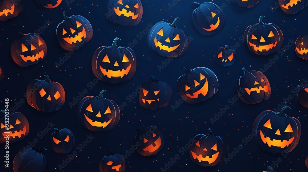 Abstract design featuring tiny cartoon jack-o-lanterns with glowing eyes on a midnight blue background Abstract design featuring tiny cartoon jack-o-lanterns with glowing eyes on a midnight blue background