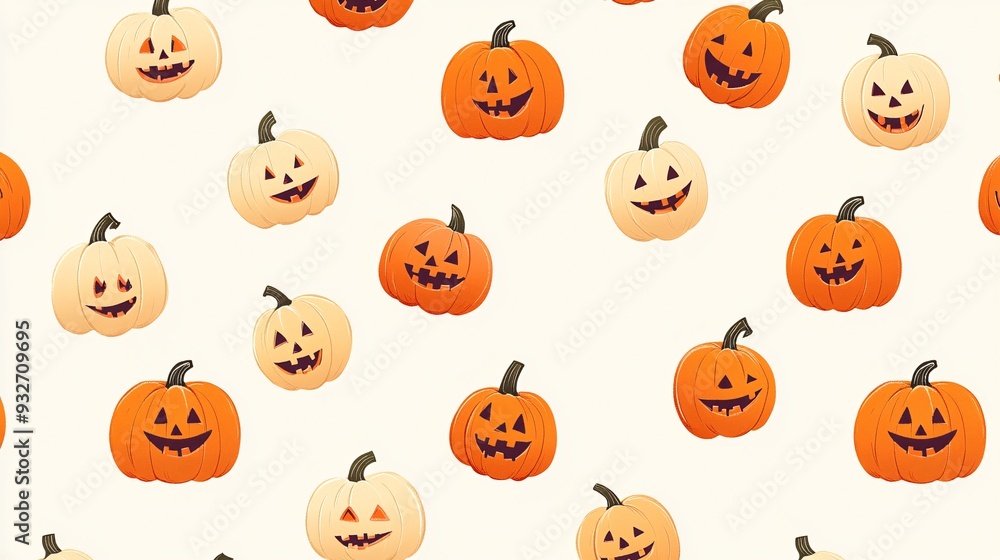 Pattern of tiny cartoon jack-o-lanterns with varied facial expressions on a light background Pattern of tiny cartoon jack-o-lanterns with varied facial expressions on a light background