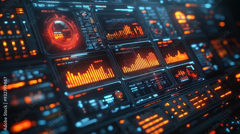 Futuristic Interface with Orange and Blue Digital Displays Futuristic Interface with Orange and Blue Digital Displays