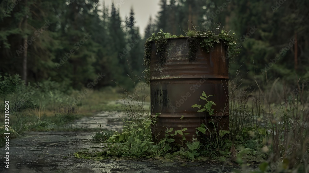 Moody and Atmospheric Forest Path with Rusty Barrel Moody and Atmospheric Forest Path with Rusty Barrel
