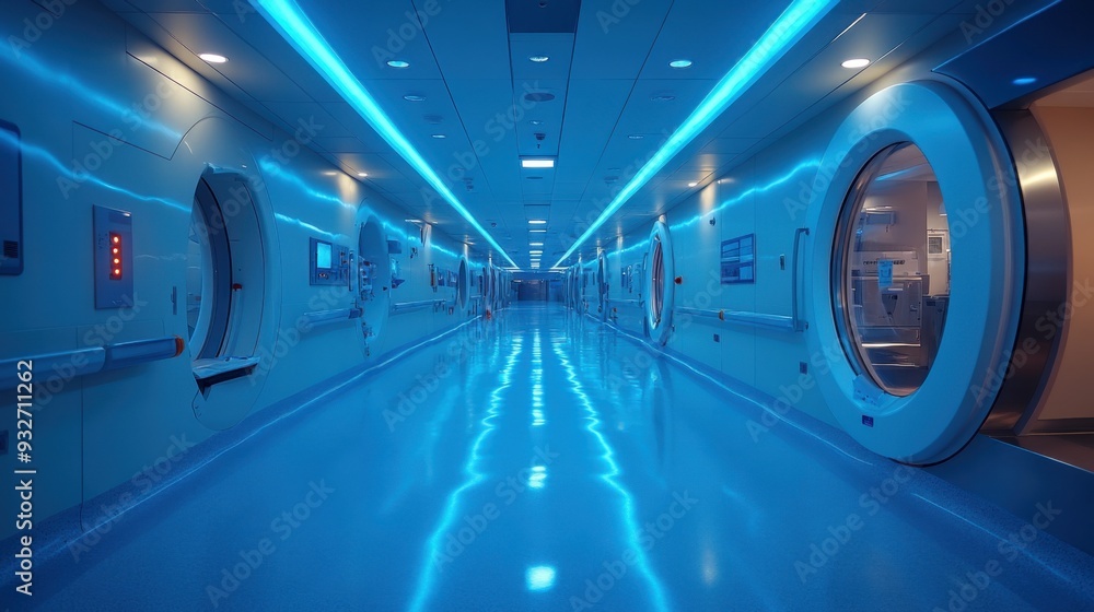 Futuristic hallway with blue lighting and circular doorways. Futuristic hallway with blue lighting and circular doorways.