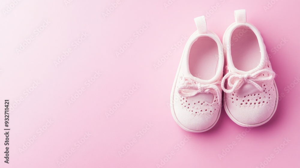 Tiny White Baby Shoes on a Pink Background Tiny White Baby Shoes on a Pink Background