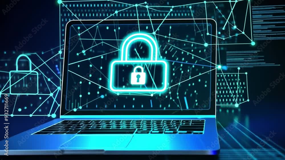 Digital illustrations featuring a laptop with a padlock symbol, representing cybersecurity and data protection. Digital illustrations featuring a laptop with a padlock symbol, representing cybersecurity and data protection.