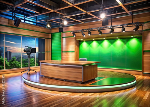 A modern television news studio with a sleek green screen background, professional lighting, and a wooden news desk ready for a live broadcast. photo