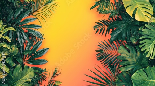 Tropical Leaf Border on Orange and Yellow Gradient Background