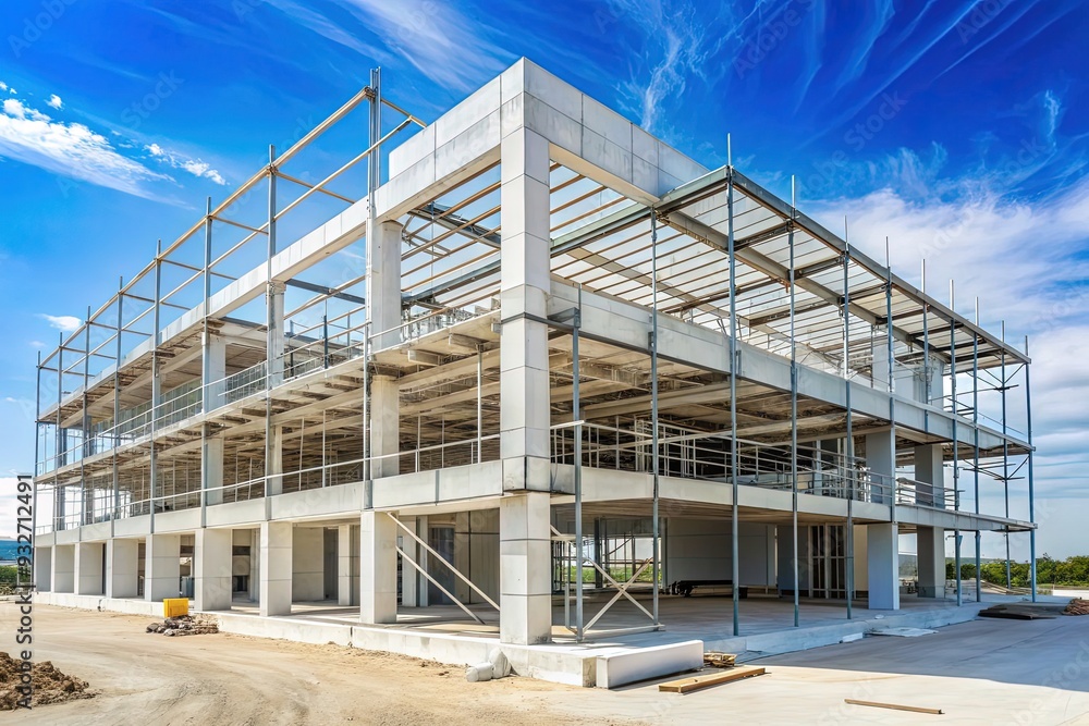 A modern white concrete building under construction, with metal beams and scaffolding, set against a clean and crisp white background, symbolizing growth and development. A modern white concrete building under construction, with metal beams and scaffolding, set against a clean and crisp white background, symbolizing growth and development.