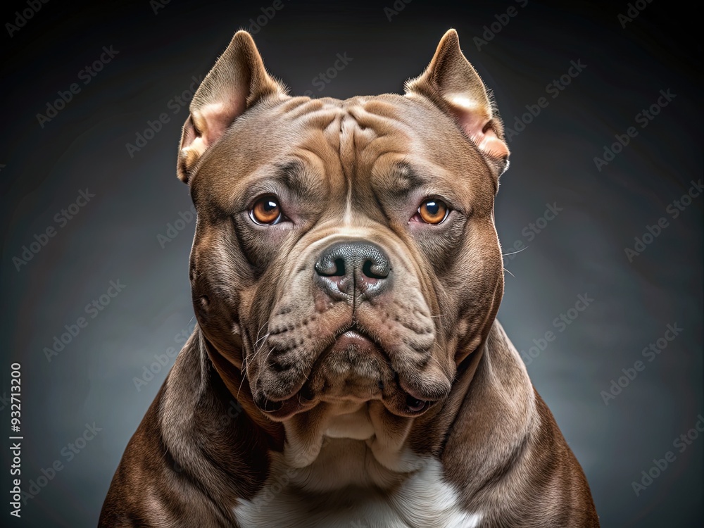 A muscular American Bully breed dog with a short coat and wrinkled face stares intensely into the camera, exhibiting confidence and loyalty. A muscular American Bully breed dog with a short coat and wrinkled face stares intensely into the camera, exhibiting confidence and loyalty.