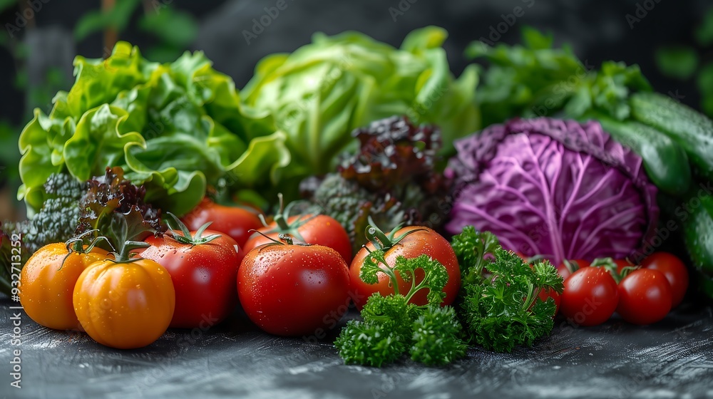 Fresh colorful vegetables arranged against a dark background Fresh colorful vegetables arranged against a dark background