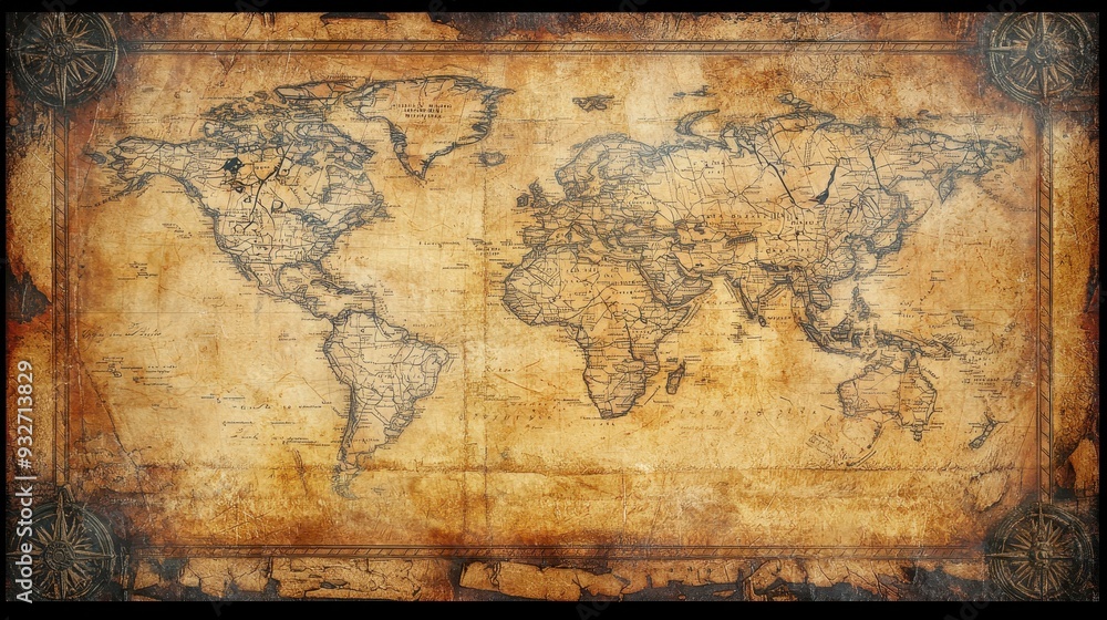 Fototapeta premium Vintage World Map with Compass Rose and Grunge Texture