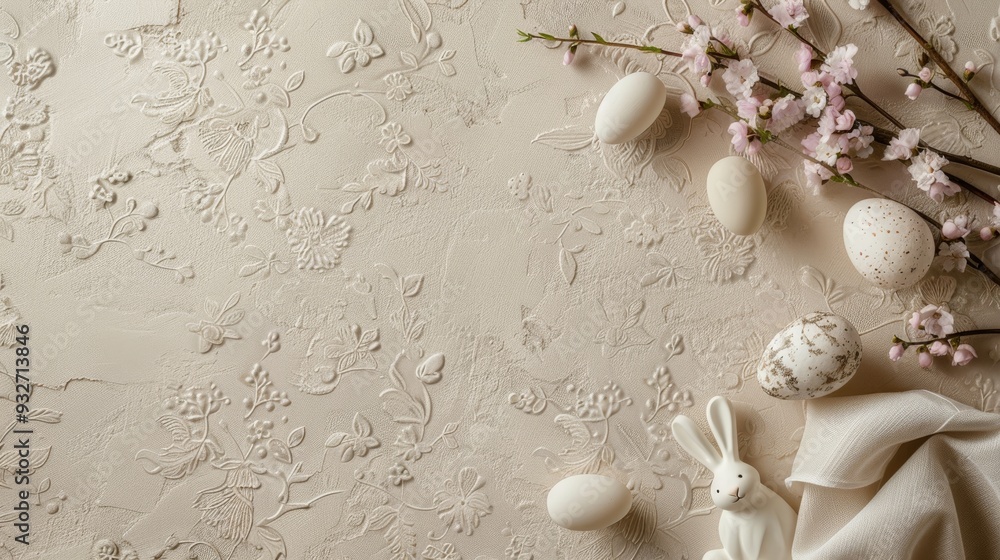 Delicate Easter card background with a subtle floral pattern intertwined with Easter motifs like bunnies and eggs on a soft, ivory backdrop Delicate Easter card background with a subtle floral pattern intertwined with Easter motifs like bunnies and eggs on a soft, ivory backdrop
