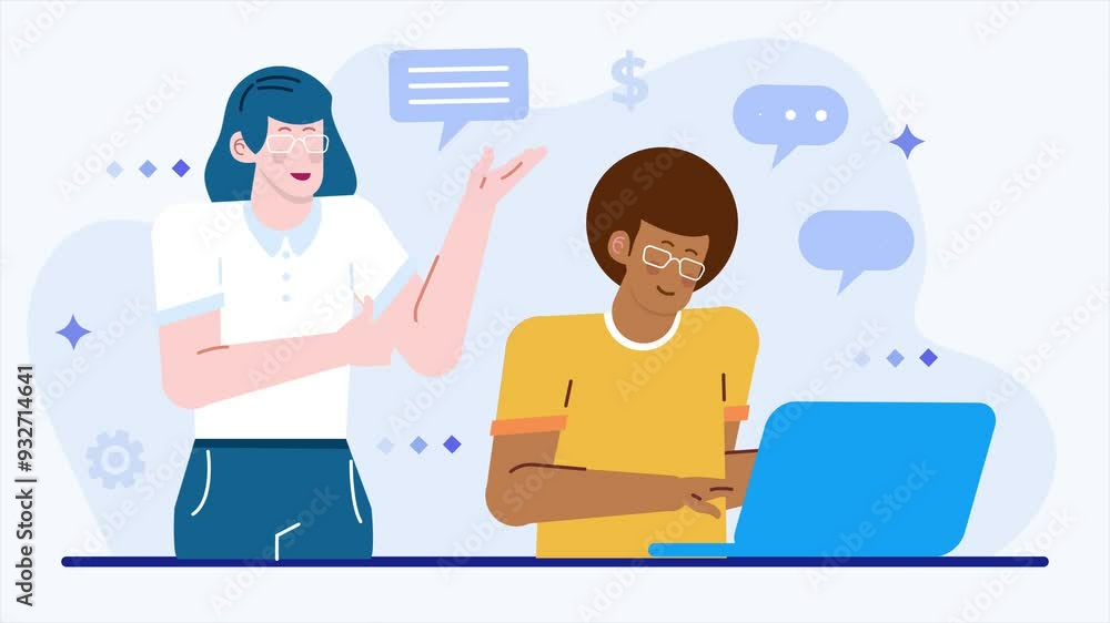 people engage in a conversation while one uses a laptop showcasing teamwork and modern communication methods illustration business animated video people engage in a conversation while one uses a laptop showcasing teamwork and modern communication methods illustration business animated video