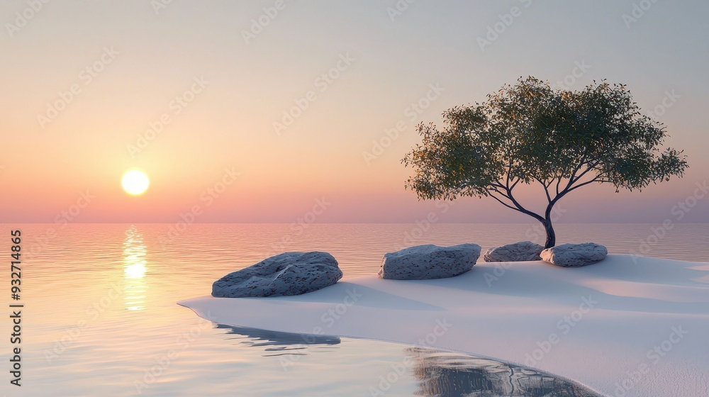 Serene Sunset Landscape with Tree and Rocks on Sandy Beach Serene Sunset Landscape with Tree and Rocks on Sandy Beach