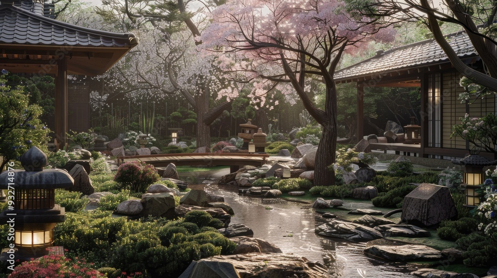 Obraz premium Serene Japanese paradise with sakura blooms, stone lamps, and a winding brook providing tranquility.