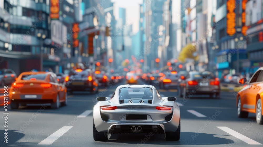 A silver car is driving down a busy city street. A silver car is driving down a busy city street.
