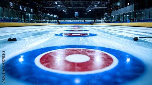 Fototapeta Naklejka Na Ścianę i Meble -  Curling Rink with Granite Stones and Brooms on Painted Ice Surface Ready for a Game or Competition between Teams  Curling is a Popular Winter Sport Played on a Frozen Rink