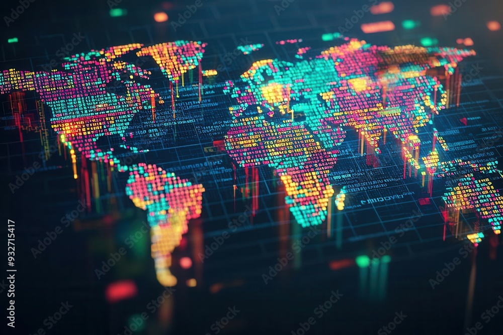A world map formed by stock market tickers, representing global investment opportunities, Global finance, market opportunities, Worldwide stock influence A world map formed by stock market tickers, representing global investment opportunities, Global finance, market opportunities, Worldwide stock influence