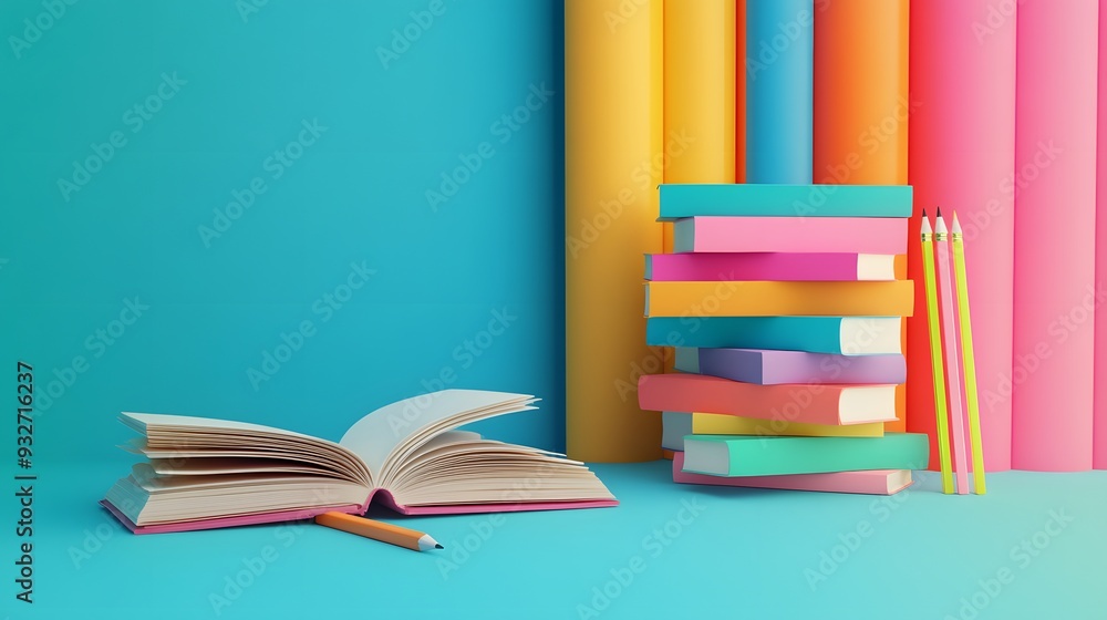 3D Educational Scene with Books and Pencil for International Literacy Day Background