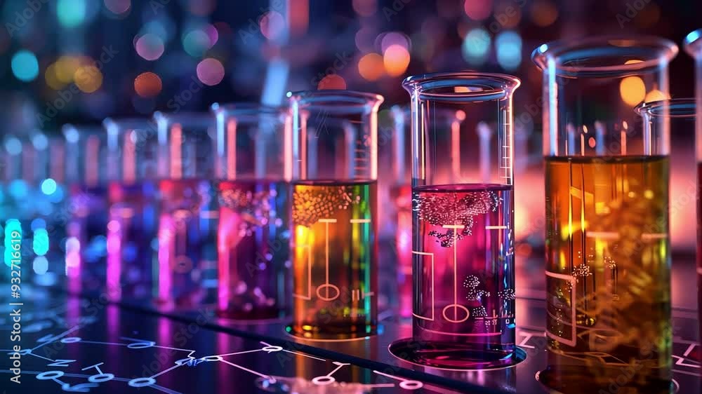 Colorful chemical solutions in glassware, glowing under lab light. Colorful chemical solutions in glassware, glowing under lab light.