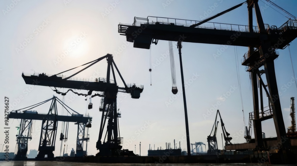 Obraz premium Silhouette cranes at commercial dock against clear sky