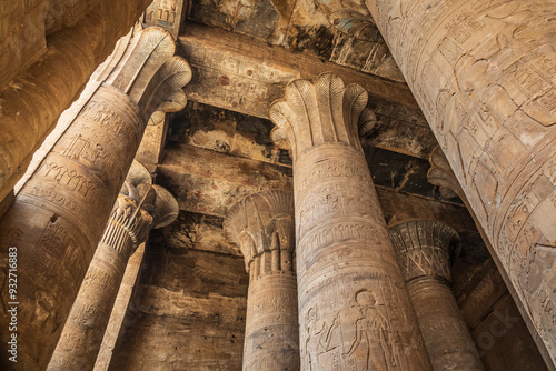 Africa, Egypt, Aswan. September 22, 2018. Pillars at the Temple of Horus at Edfu, the best preserved shrine of Ptolemaic Kingdom era.
