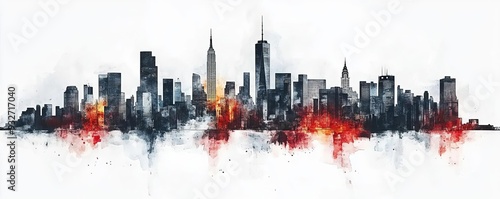 Urban abstraction, geometric cityscape with sharp lines, muted greys and bold reds, modern vibe, Watercolor style