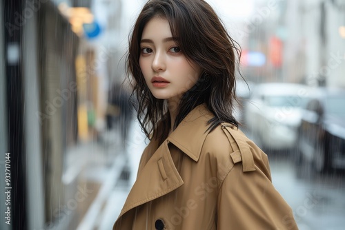 City Chic Fusion - Japanese Model in Trench Coat Embracing Western & Japanese Style on Rainy Street with Vibrant Overlay photo