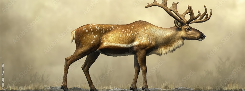 Fototapeta premium Caribou, with a large antler rack, standing in tundra, soft evening light
