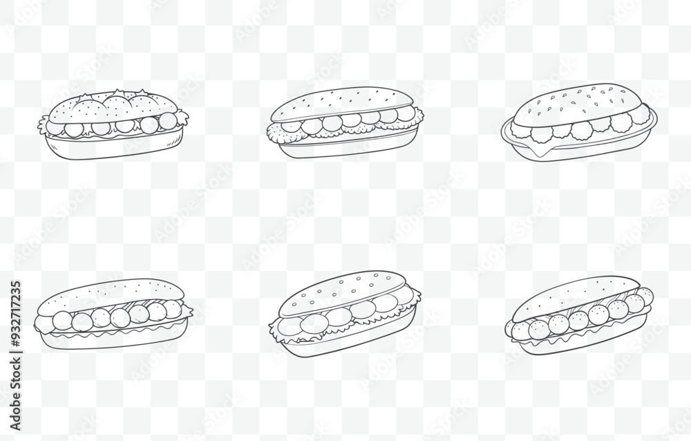 Print Detailed Meatball Sub Line Art Vector Set with High Quality Illustrations for Graphic Design and Print Projects Print Detailed Meatball Sub Line Art Vector Set with High Quality Illustrations for Graphic Design and Print Projects
