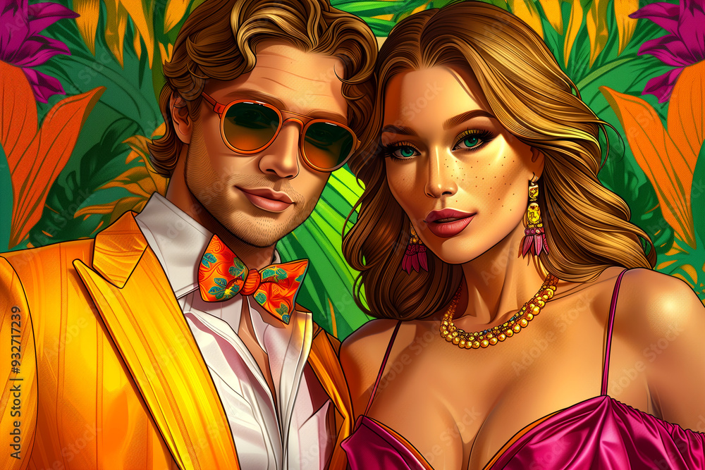 Obraz premium A man and woman are posing for a picture in a tropical setting. The man is wearing a yellow suit and a bow tie, while the woman is wearing a pink dress. Scene is playful and fun