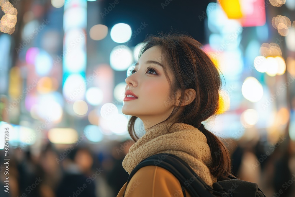 Obraz premium Illuminated Beauty: Japanese Woman Among Tokyo City Lights in Shibuya's Vibrant Nightlife Scene