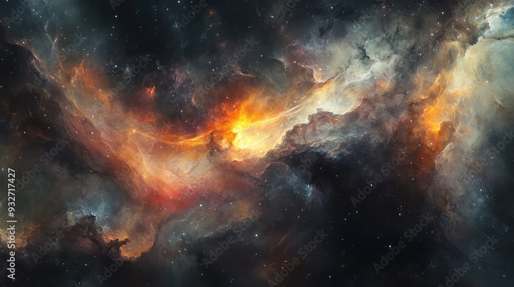 Naklejka premium Conceptual art of cosmic nebulas with faint, ethereal traces of light and matter drifting through space.