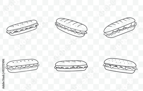 Submarine Sandwich Line Art Vector Set Detailed and Creative Illustrations for Sandwich Lovers