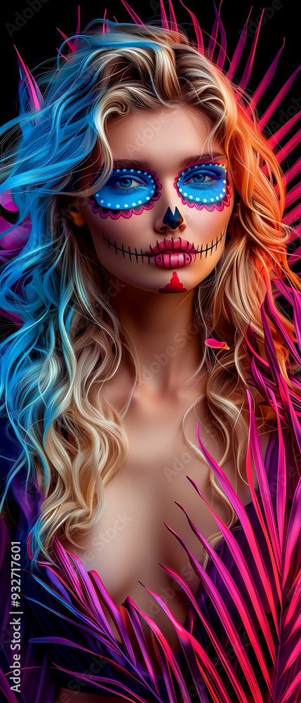 Obraz premium A woman with blue and purple hair and blue eyes is painted with a skeleton face. The painting is colorful and has a festive, Halloween vibe