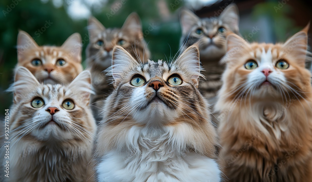 A group of cats looking up, shot from the front with a blurred background. The composition is symmetrical and balanced A group of cats looking up, shot from the front with a blurred background. The composition is symmetrical and balanced