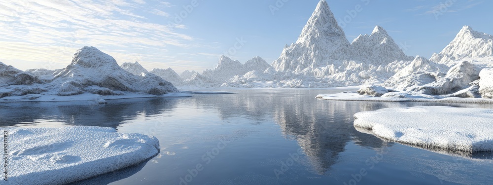 Fototapeta premium Clear mountain lake, reflective surface, snowy peaks, soft morning light