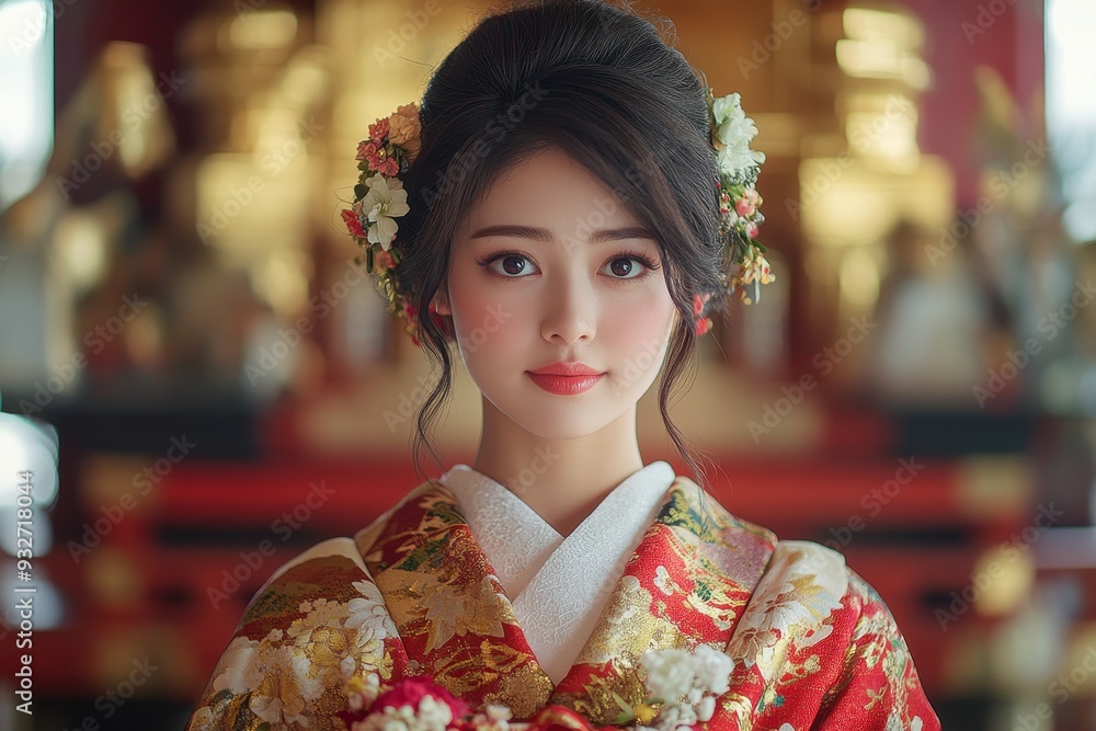 Radiant Japanese Bride in Traditional Wedding Kimono at a Serene Shrine Setting, Capturing the Essence of Cultural Matrimony Radiant Japanese Bride in Traditional Wedding Kimono at a Serene Shrine Setting, Capturing the Essence of Cultural Matrimony