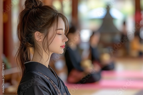 Inner Peace and Spiritual Growth: Japanese Model Woman Engaging in Mindful Meditation Session at Temple