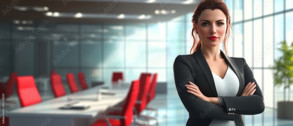 Obraz premium Businesswoman with crossed arms, standing in a modern conference room, 3D illustration