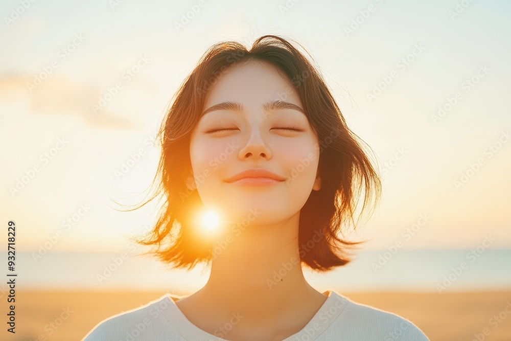 Serene Sunset Bliss: Japanese Model Woman Finding Peace and Relaxation on Sandy Beach at Dusk (Selective Focus, Multilayer) Serene Sunset Bliss: Japanese Model Woman Finding Peace and Relaxation on Sandy Beach at Dusk (Selective Focus, Multilayer)