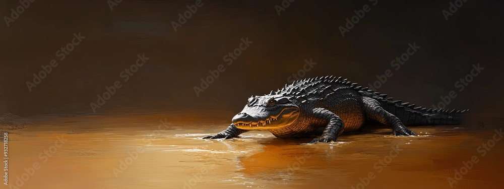 Crocodile, with rough scales, lurking in muddy water, dark ambient lighting Crocodile, with rough scales, lurking in muddy water, dark ambient lighting