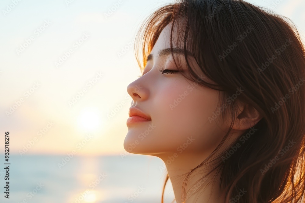 Tranquil Sunset Serenity: Japanese Model Woman Enjoying Peaceful Beach Sunset on Multilayered Sandy Shore Tranquil Sunset Serenity: Japanese Model Woman Enjoying Peaceful Beach Sunset on Multilayered Sandy Shore