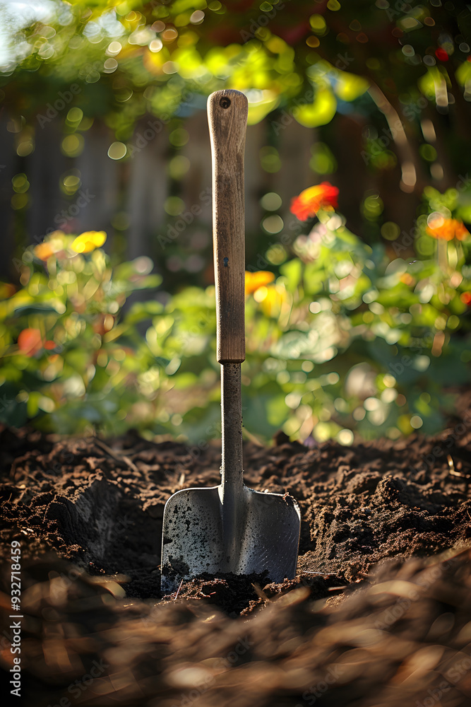 Well-Worn Spade in a Lively Garden Setting Under Bright Sunlight Well-Worn Spade in a Lively Garden Setting Under Bright Sunlight
