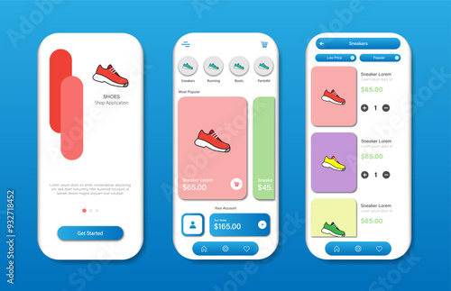 Online shoe store design for mobile applications. Shoe purchasing platform screen. Graphical user interface for responsive mobile applications